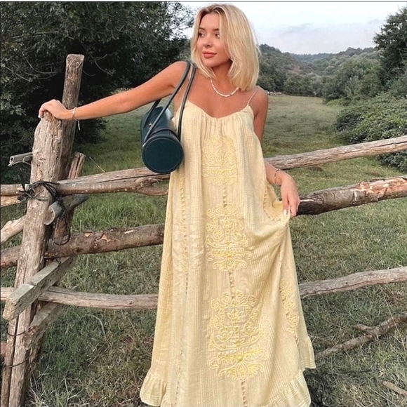 NWT Zara * Embroidered Maxi Long Dress Yellow - Picture 5 of 11